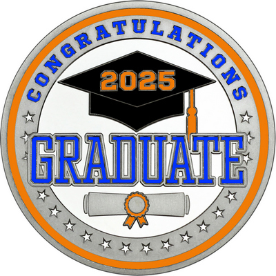 Royal Blue "Congratulations Graduate" with Orange 2025, Rim, Tassel & Ribbon